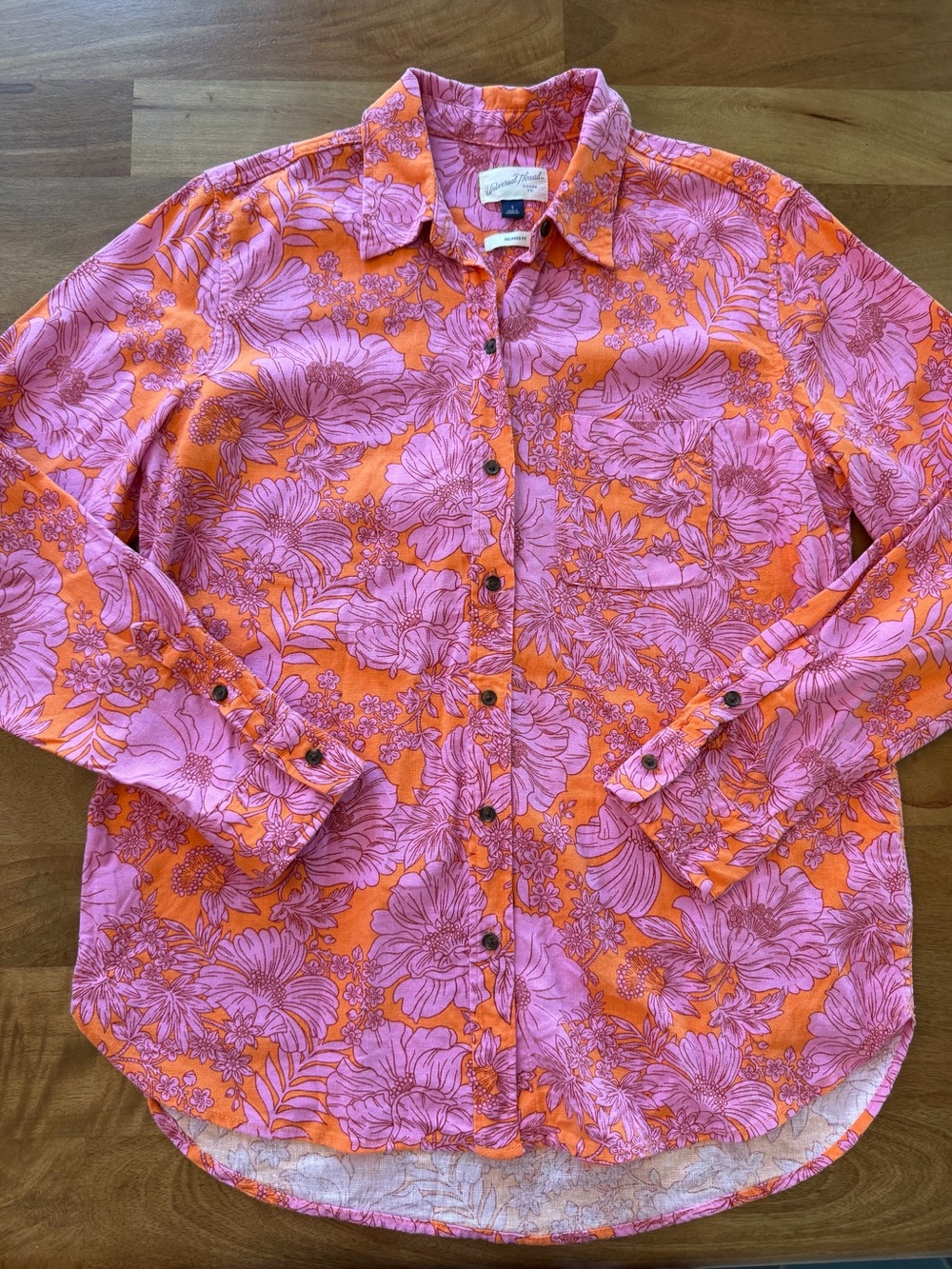 Universal Thread Pink & Orange Floral Button-Down Linen Blend Shirt - Small